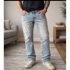 MNML Mens Blue Light Wash Denim Jeans Size 33 Button Fly Raw Hem Relaxed Fit